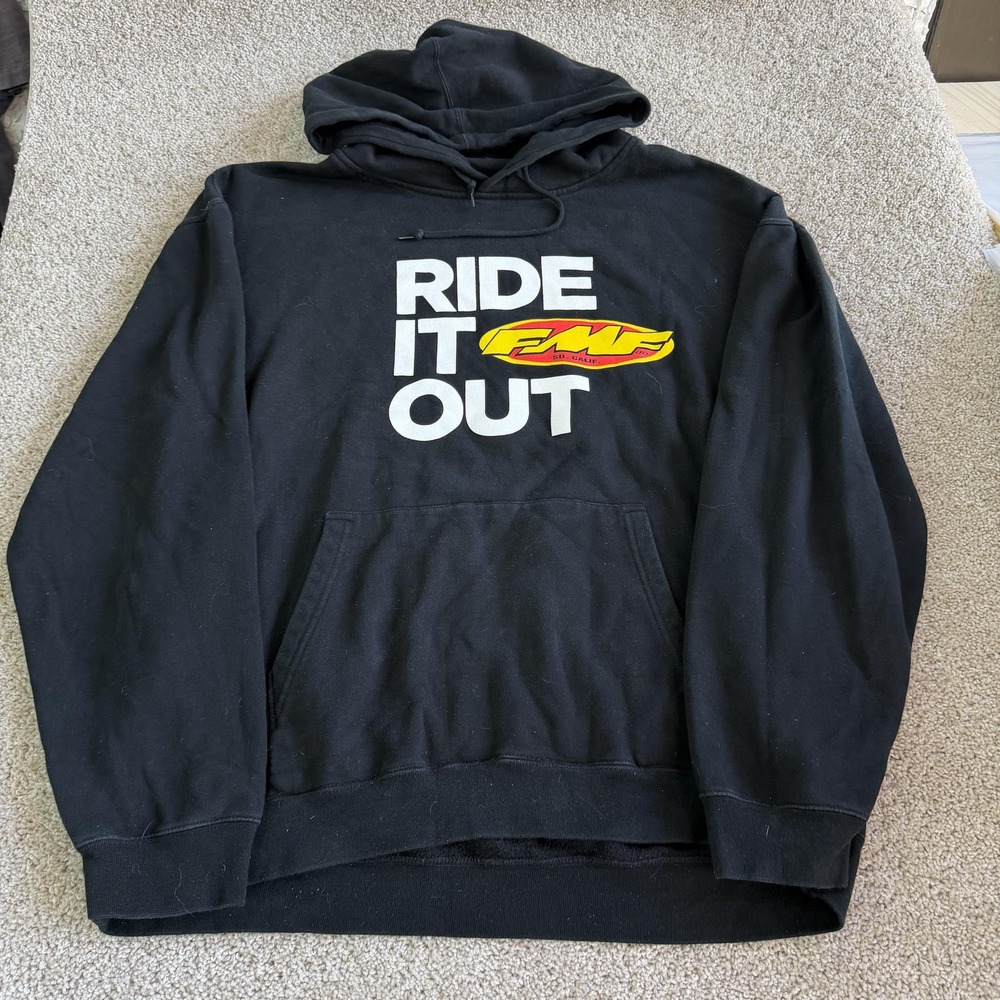 FMF Hoodie Mens 2XL Black Fleece Pullover Ride It Out Motocross Sweatshirt